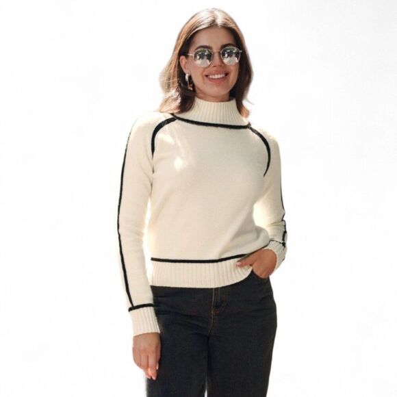 Zaful Sweaters - Apricot Colorblock Long Sleeve Turtleneck Women Small Knit Sweater Knit Pullover